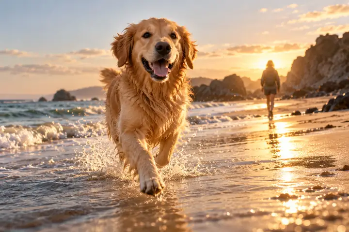 A golden retriever running along a sunlit beach, photographed at dog-eye level with soft cinematic light.