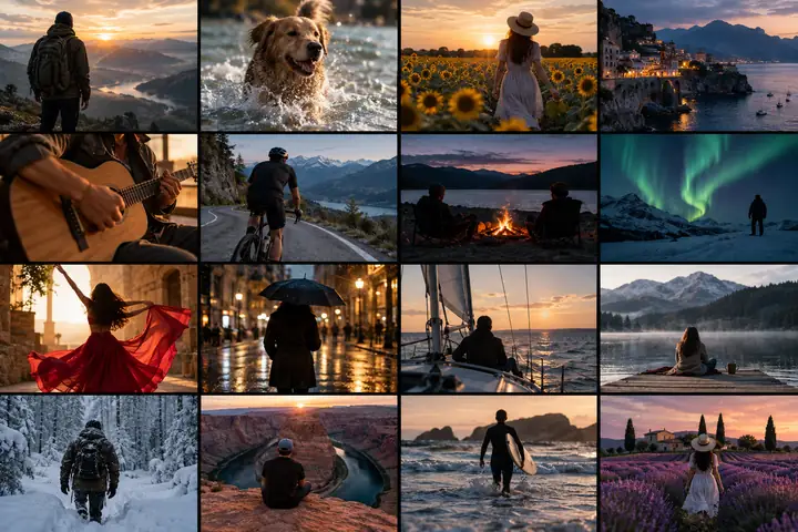 A contact sheet of varied cinematic video scenes including people outdoors, an animal, dancing, and landscapes.