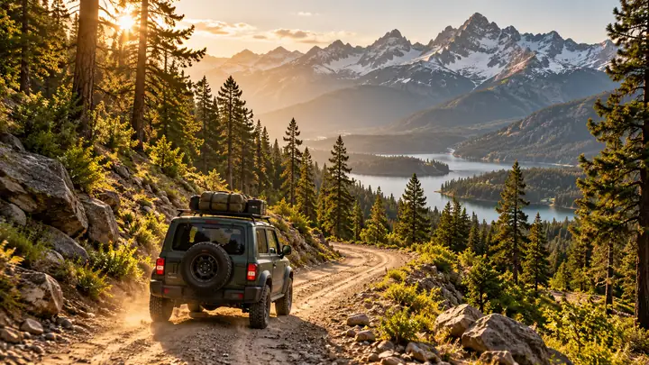 A small vehicle traveling a winding dirt road through a sunlit mountain forest.