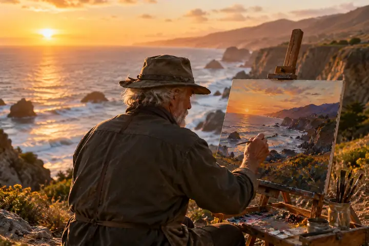 An older painter working at an easel beside the ocean in warm late-afternoon light.