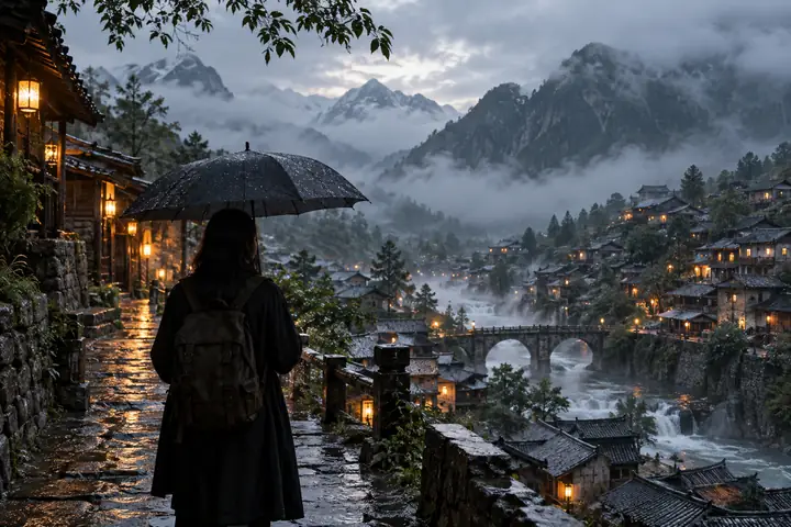 A person seen from behind in a rainy mountain village, atmospheric wide shot.