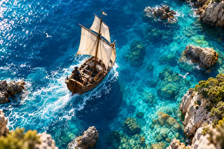 A miniature sailing ship crossing brilliant blue water, playful overhead composition.