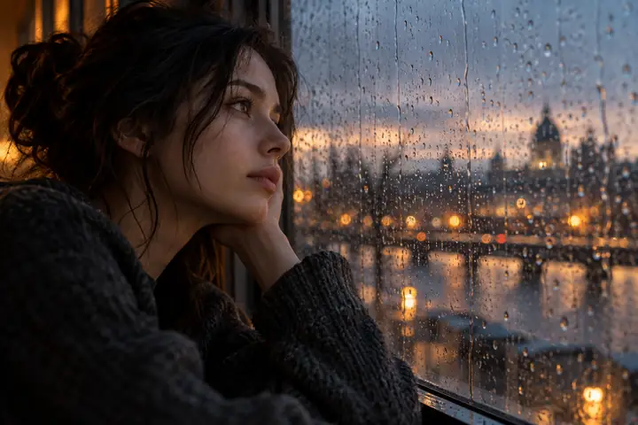 A reflective close-up portrait beside a rain-speckled window, subdued cinematic mood.