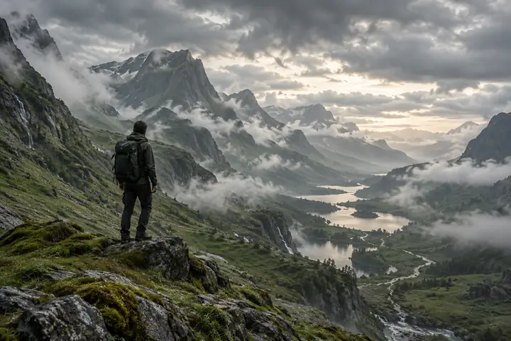 A lone traveler in a misty green mountain valley, framed wide beneath an overcast cinematic sky.