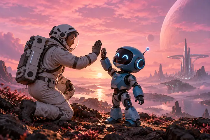 An astronaut greeting a friendly blue robot beneath a soft pink science-fiction sky.