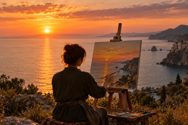 An artist painting at an easel beside a calm sea at sunset, in warm documentary-style light.