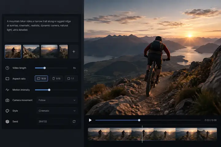 A realistic dark video-generation web interface with prompt controls on the left and a cyclist video preview on the right.