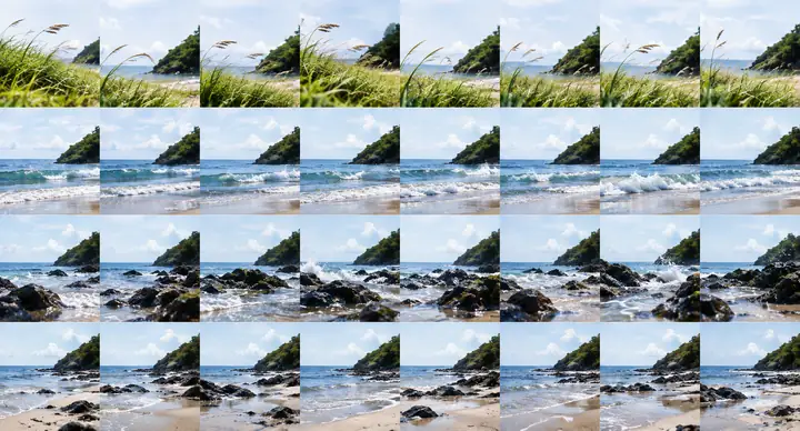 A sequence of frames showing a person running through shallow seawater beside a beach.
