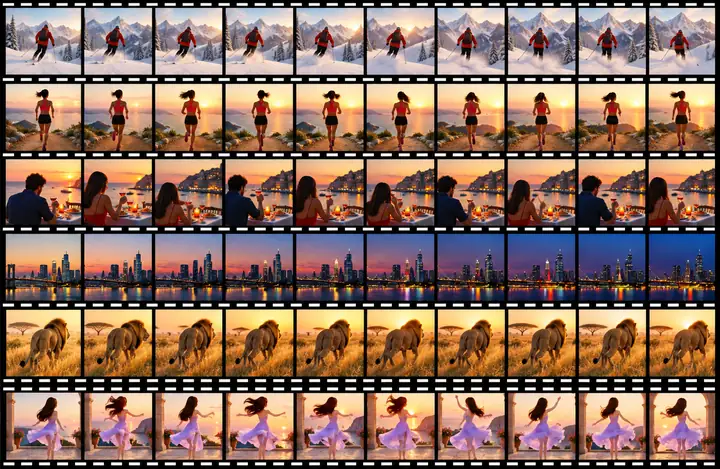 Filmstrip examples of skiing, running, dining, a skyline, a lion, and an animated dancer.